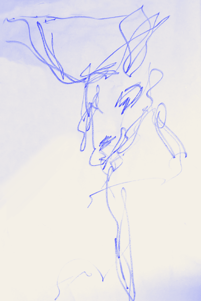 Dessin rapide et dynamique d'un cerf vu de face, en lila sur fond blanc,  effectué en transe
