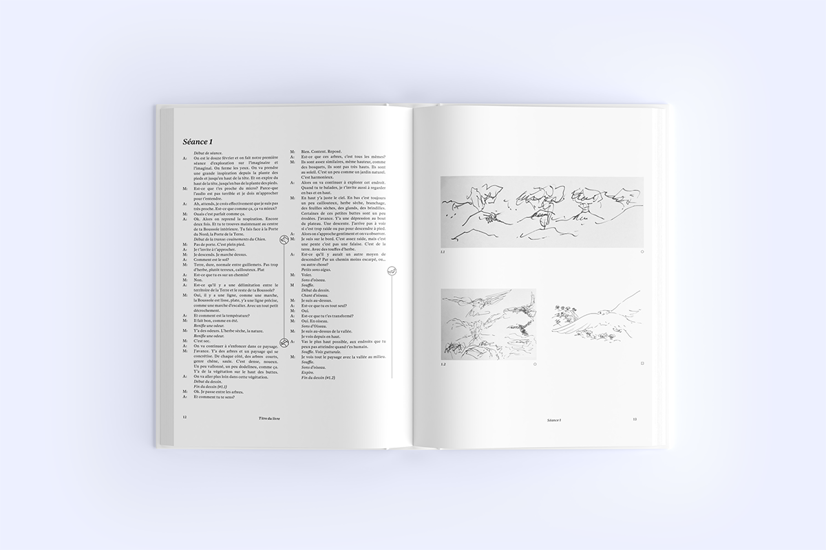 Livre ouvert montrant une double page avec les retranscriptions de la séance de transe à droite, les icones des protagonistes, et les dessin en transe et hors transe correspondants sur la page de droite