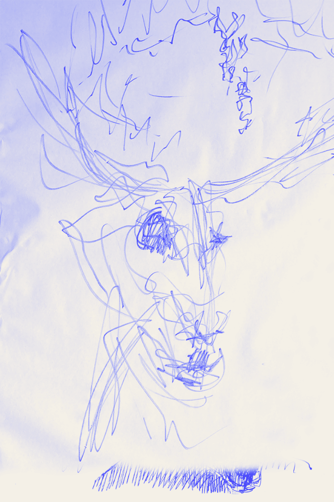 Dessin au stylo d'un cerf aux bois ramifiés, traits denses et superposés, réalisé en état de transe.