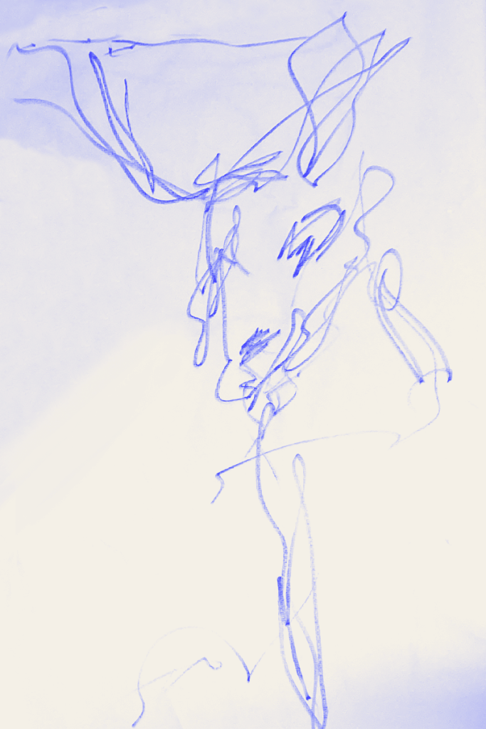 Dessin au stylo
d'une tête de cerf esquissée en traits légers et fluides, réalisé en état de transe.